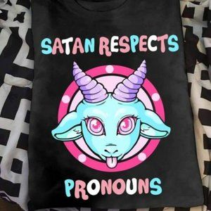 Satan Respects Pronouns Cute Cartoon Goat Shirt Women Men